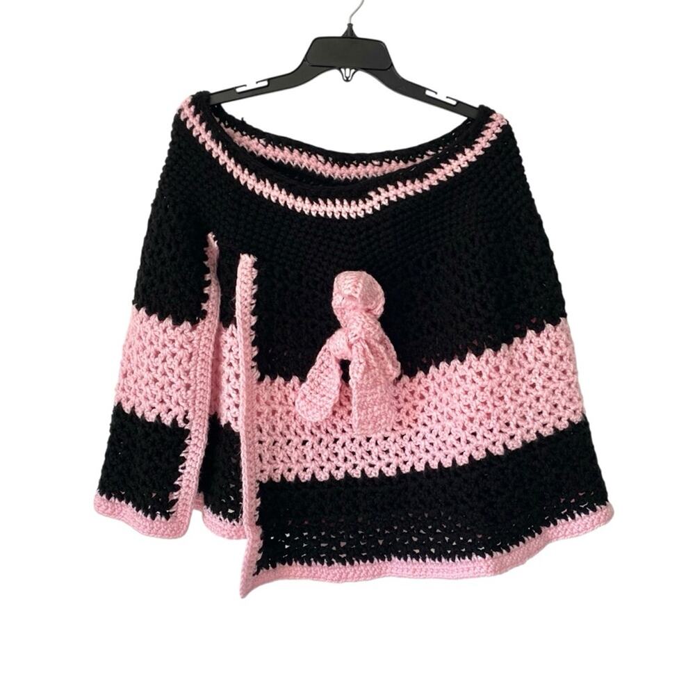 Vintage Handmade 70s Poncho Cape Sweater Pink Black With Bow Granny